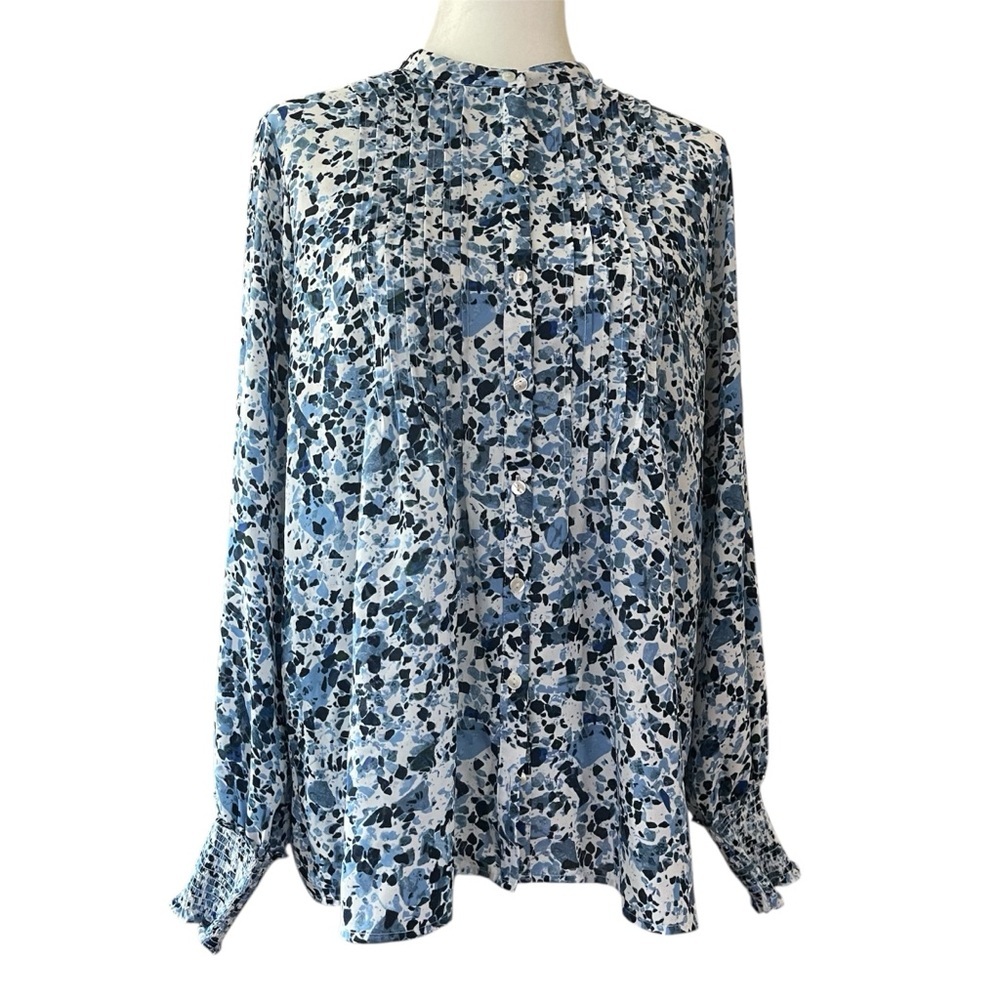 NYDJ Blue Patterned Pleated Peasant Blouse US M